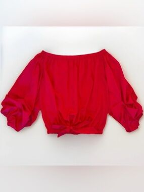 Women Sz S Red Off Shoulder Ruched Sleeves Dark Red Elastic Waistbelt Crop Shirt